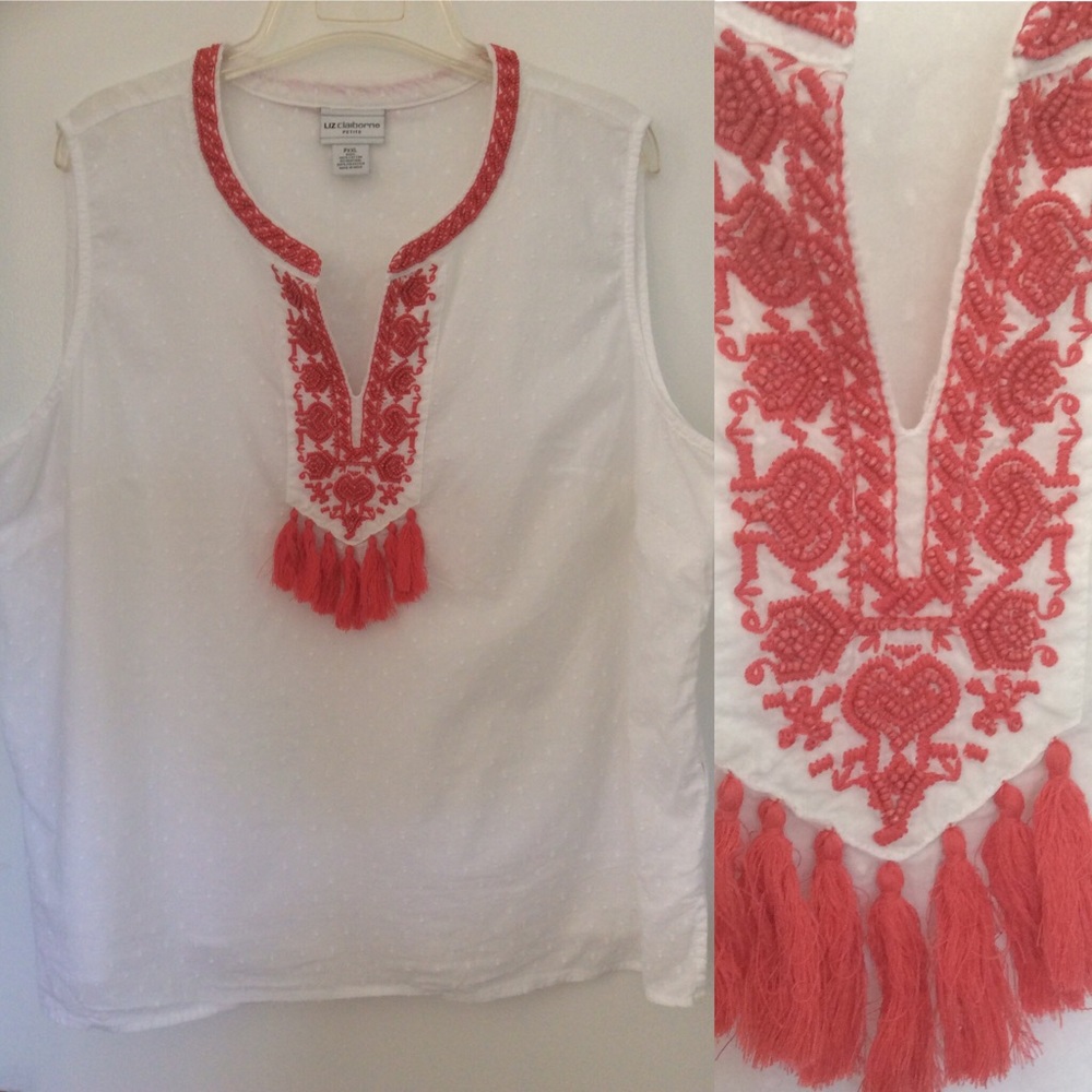 Women’s 2XL white cotton blouse Sleeveless Top tassel Fringe XXL P lightweight